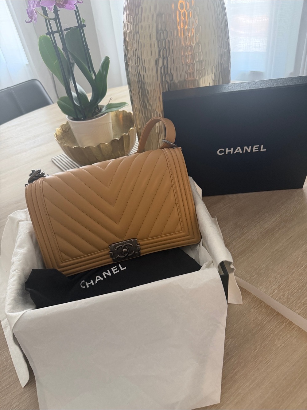 CHANEL Tan Chevron Quilted Leather Boy Bag with Chain Strap